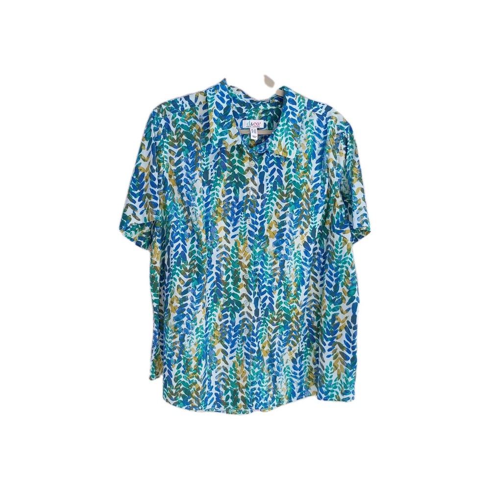 Denim & Co 2X Multicolor Button Front Shirt Nature Cotton Top Summer Fun